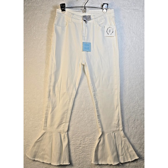 Hayden Pants - Womens White Raw Hem Flare Fairy Cottage Jean Cropped Small 28x26 Festival Indie